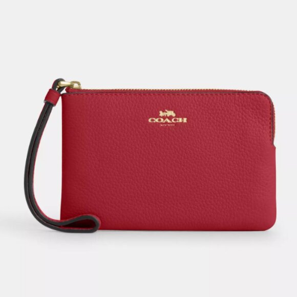 Coach Handbags - COACH Corner Zip Wristlet Pebbled leather/Gold/True Red